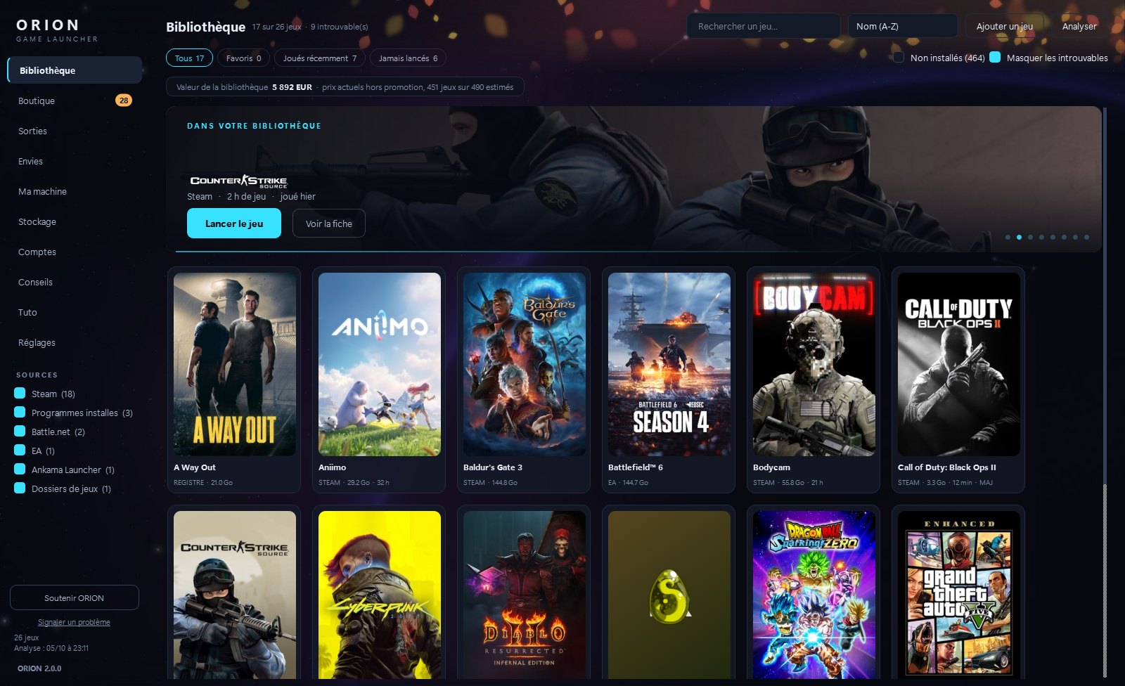 ORION's library: the last game played as a banner, then the covers of every game on the PC, from every store.