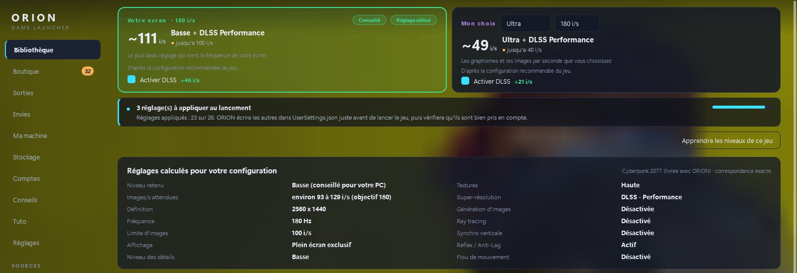 Réglages d'un jeu