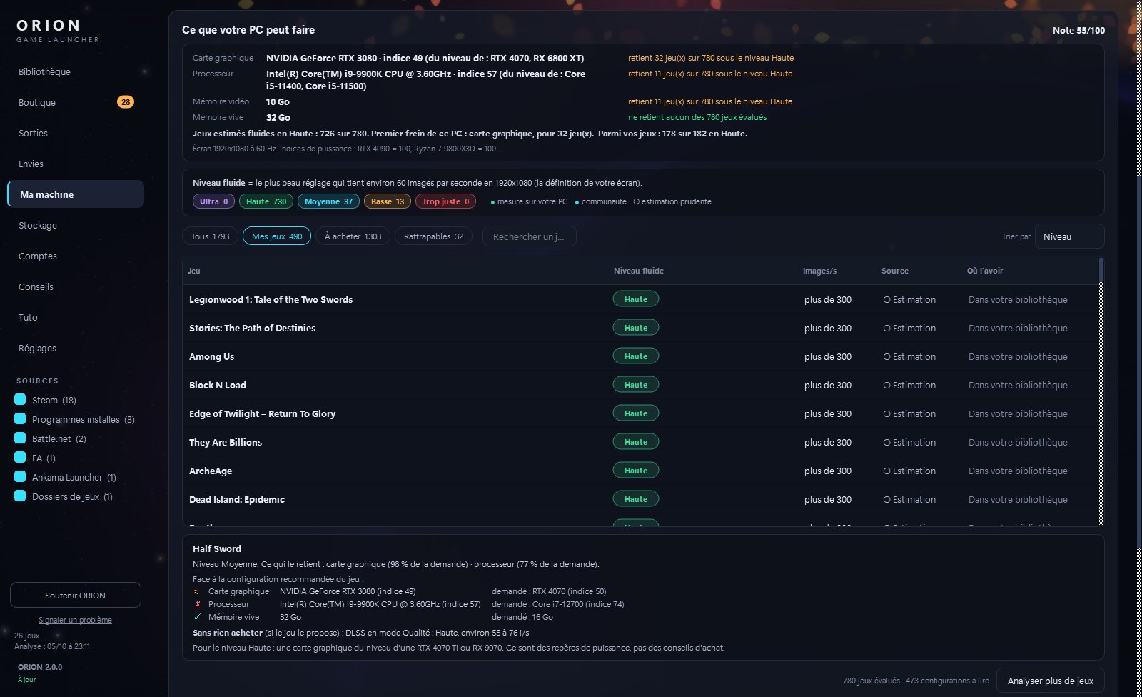 The My machine page: for each game, the settings level that stays smooth and the expected frame rate.